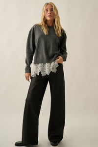 Never Too Late Lace-Hem Heathered Knit Sweater - ShopPromesa