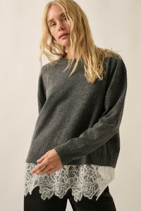 Never Too Late Lace-Hem Heathered Knit Sweater - ShopPromesa
