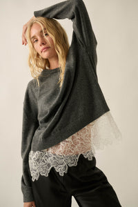 Never Too Late Lace-Hem Heathered Knit Sweater - ShopPromesa