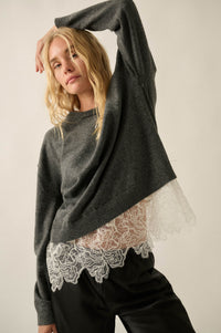 Never Too Late Lace-Hem Heathered Knit Sweater - ShopPromesa