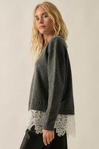 Never Too Late Lace-Hem Heathered Knit Sweater - ShopPromesa