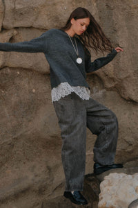 Never Too Late Lace-Hem Heathered Knit Sweater - ShopPromesa