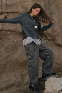 Never Too Late Lace-Hem Heathered Knit Sweater - ShopPromesa