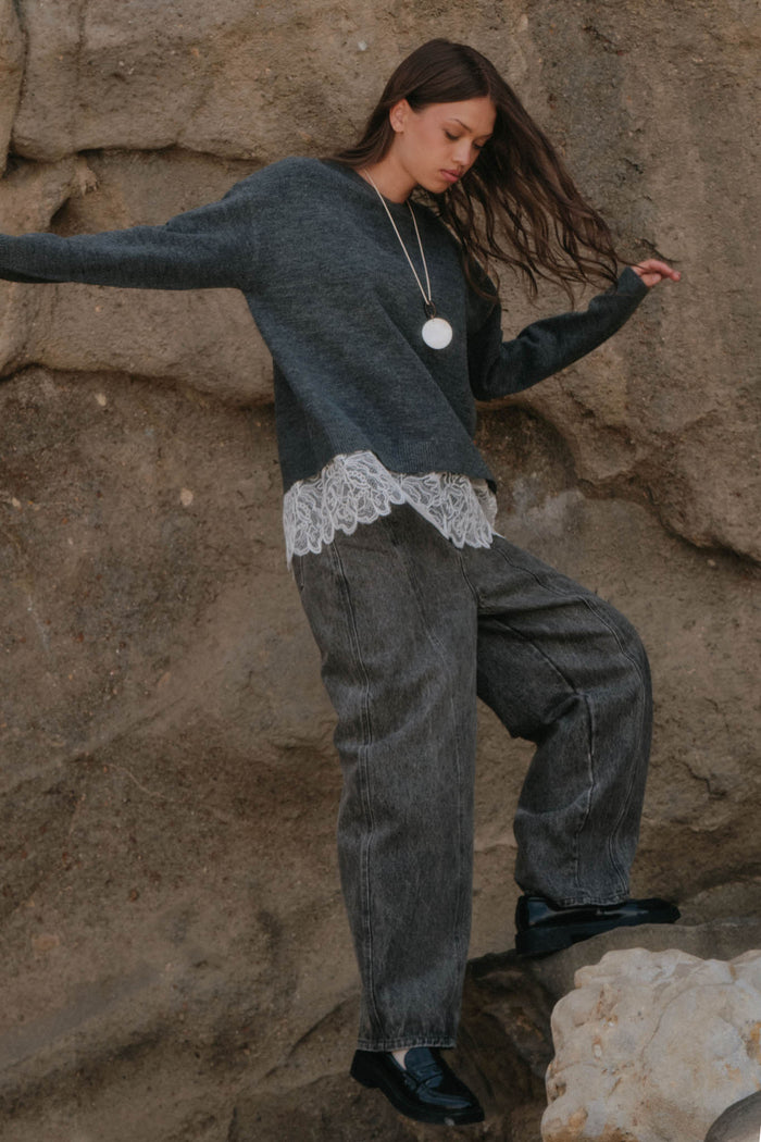 Never Too Late Lace-Hem Heathered Knit Sweater - ShopPromesa