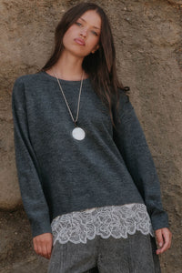 Never Too Late Lace-Hem Heathered Knit Sweater - ShopPromesa