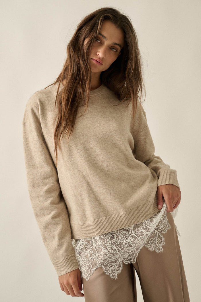 Never Too Late Lace-Hem Heathered Knit Sweater - ShopPromesa