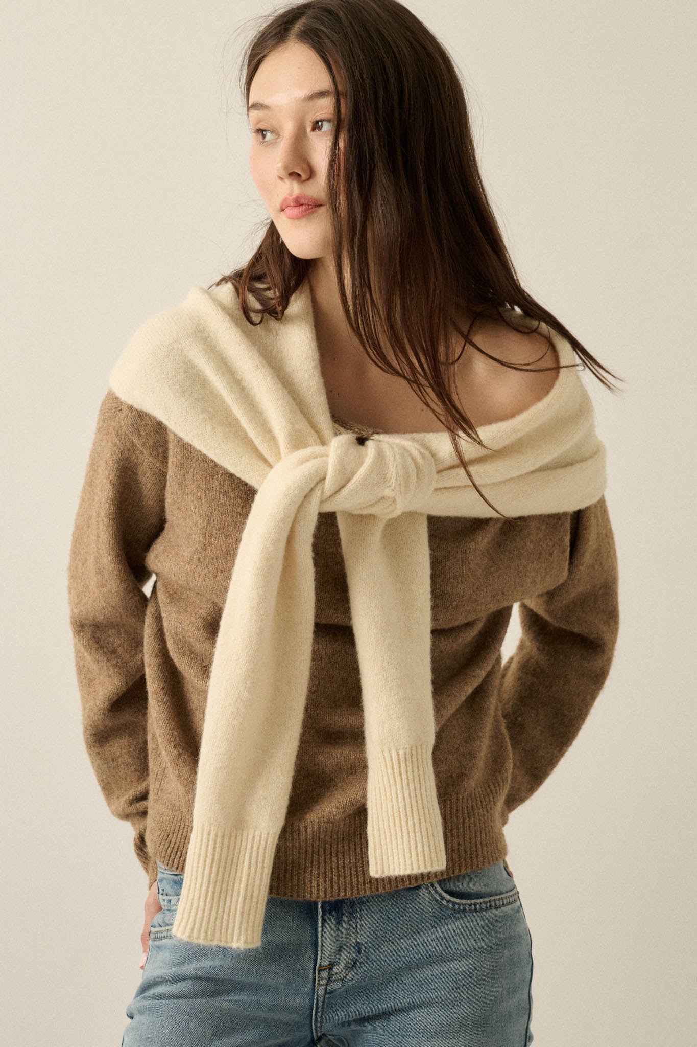Prep Rally Two-Tone Shoulder-Wrap Sweater - ShopPromesa