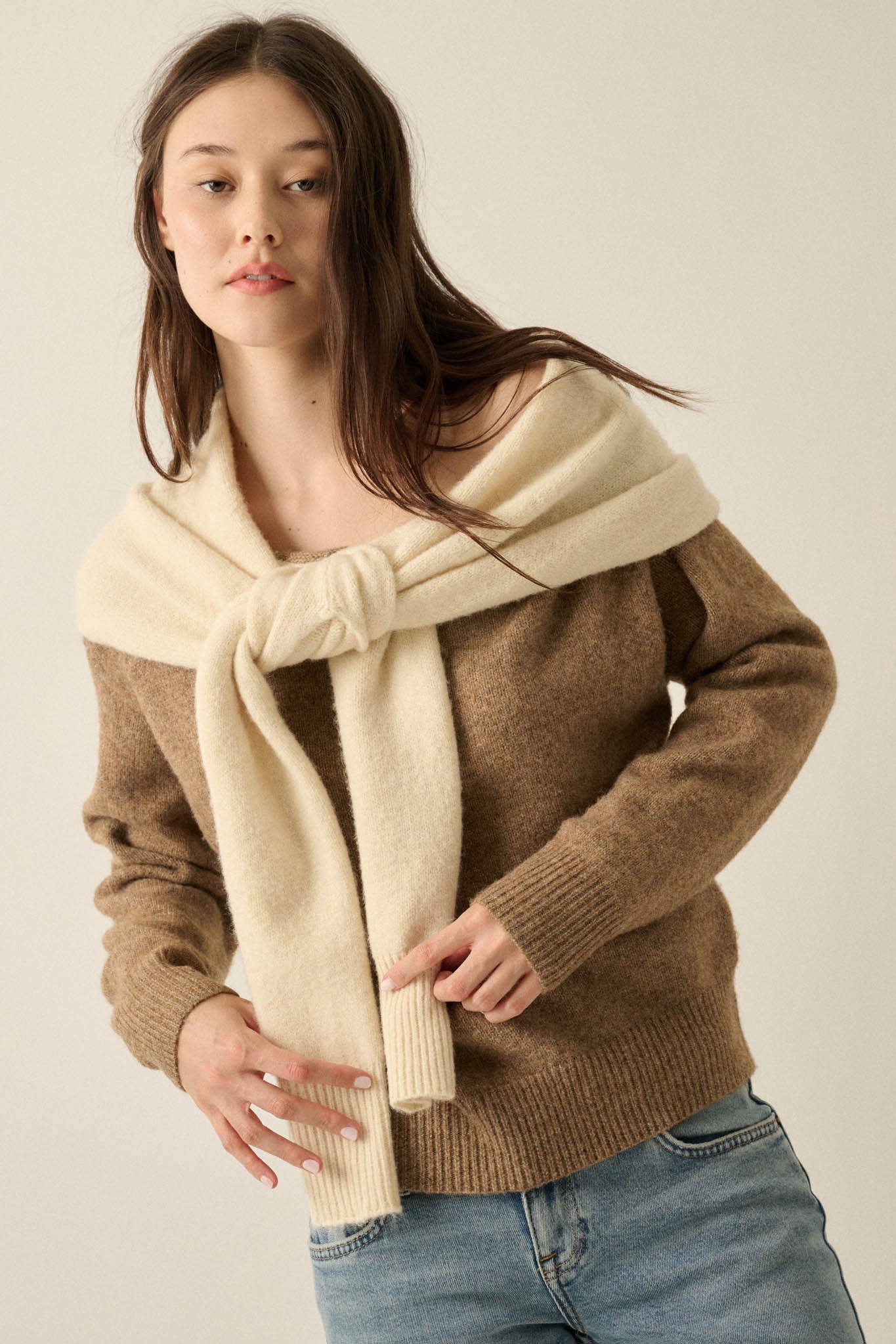 Prep Rally Two-Tone Shoulder-Wrap Sweater - ShopPromesa