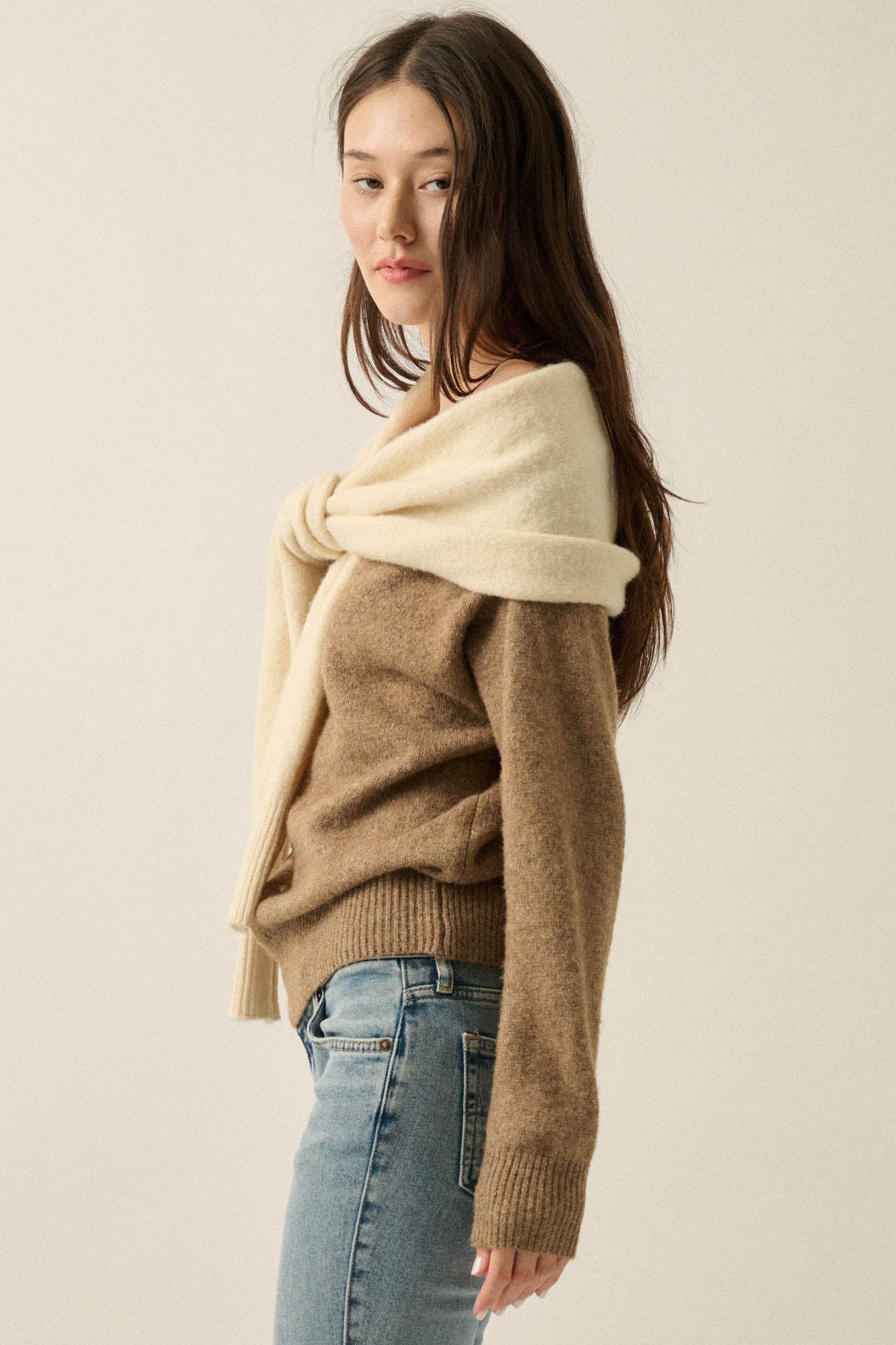 Prep Rally Two-Tone Shoulder-Wrap Sweater - ShopPromesa