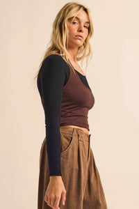 Double Time Cropped Layered Long-Sleeve Halter Top - ShopPromesa