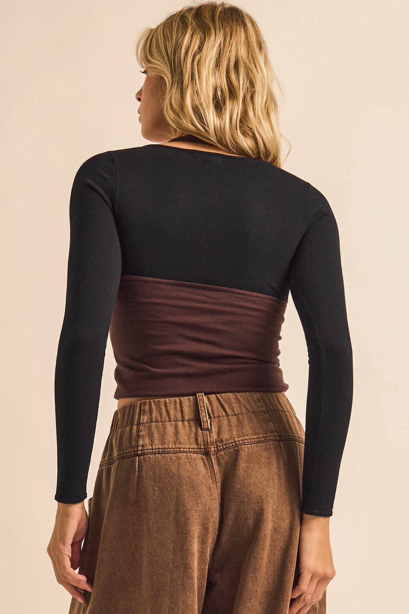 Double Time Cropped Layered Long-Sleeve Halter Top - ShopPromesa