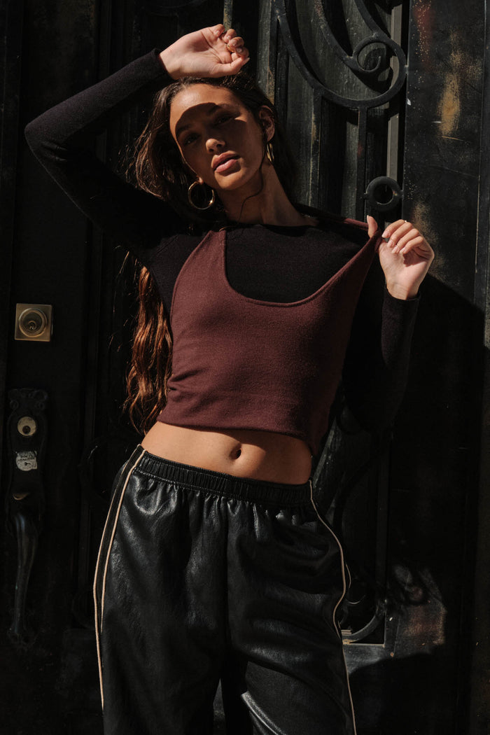 Double Time Cropped Layered Long-Sleeve Halter Top - ShopPromesa