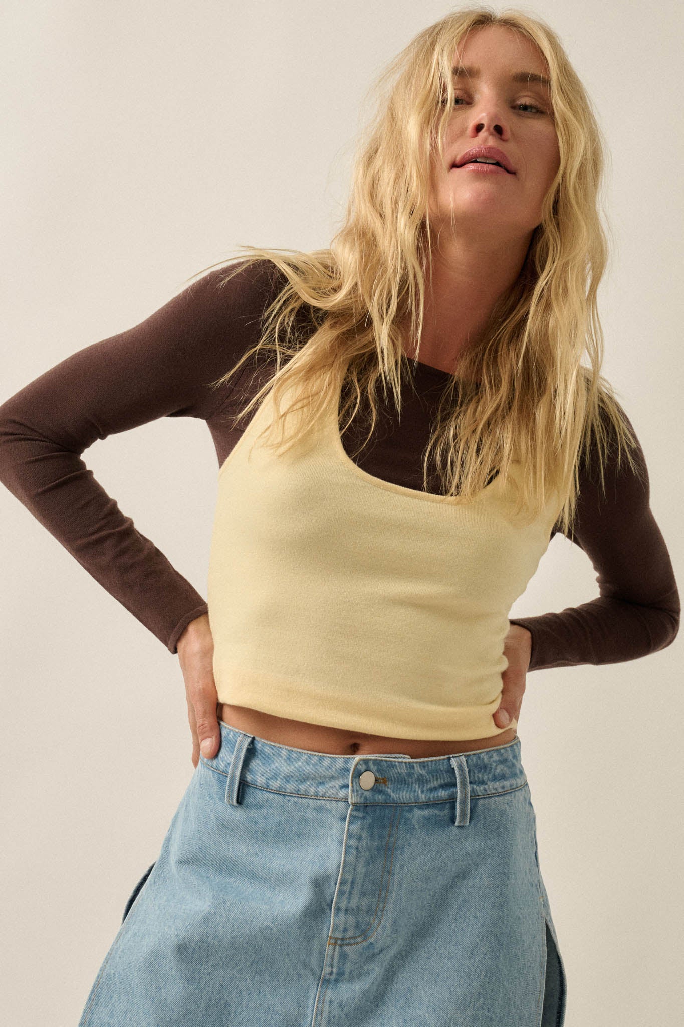 Double Time Cropped Layered Long-Sleeve Halter Top - ShopPromesa