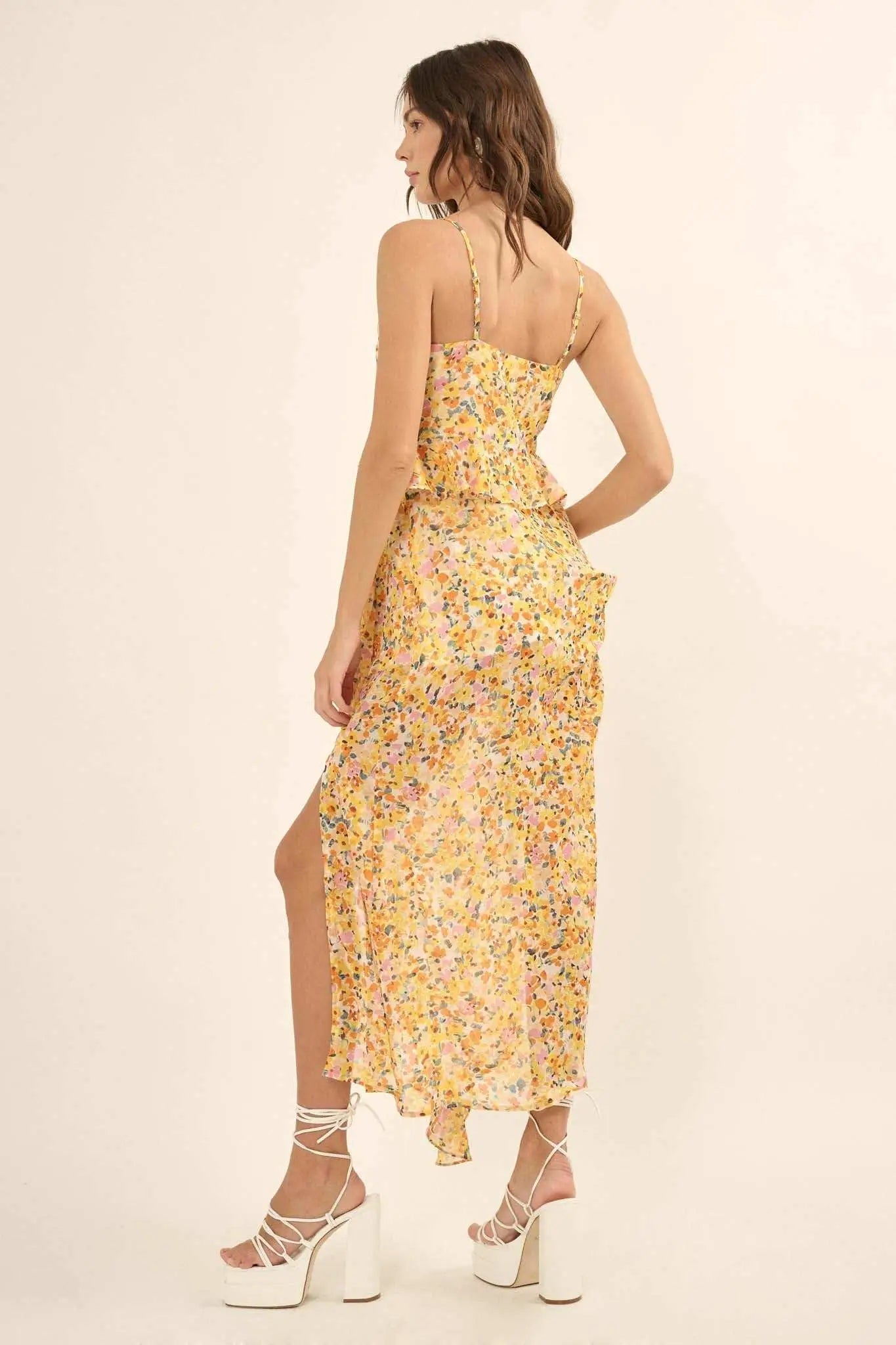 Kissed By the Sun Ruffled Floral Chiffon Maxi Dress - ShopPromesa
