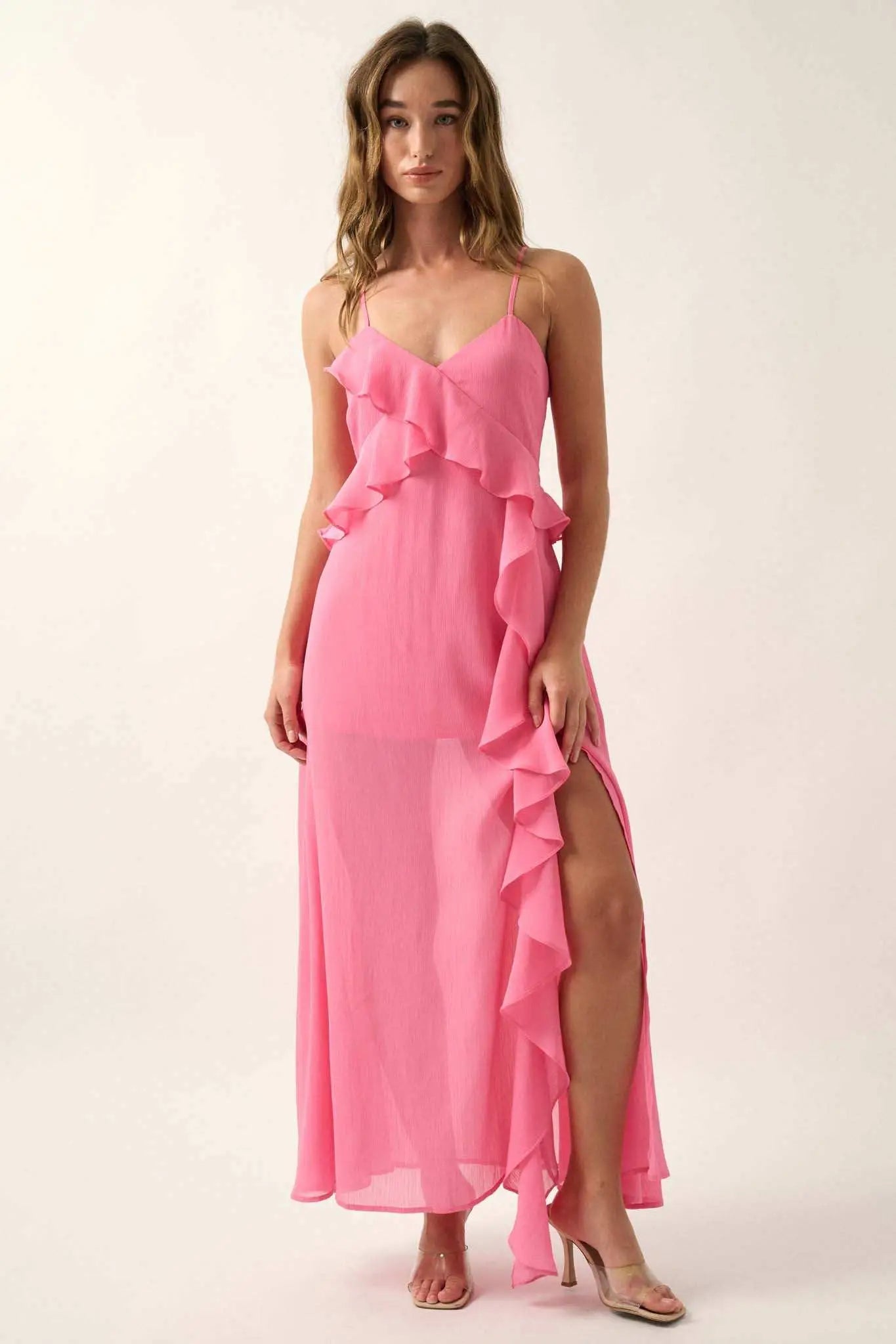 white christmas dresses Flamenco Fever Ruffled Chiffon Maxi Slip Dress, Bubble Gum / M