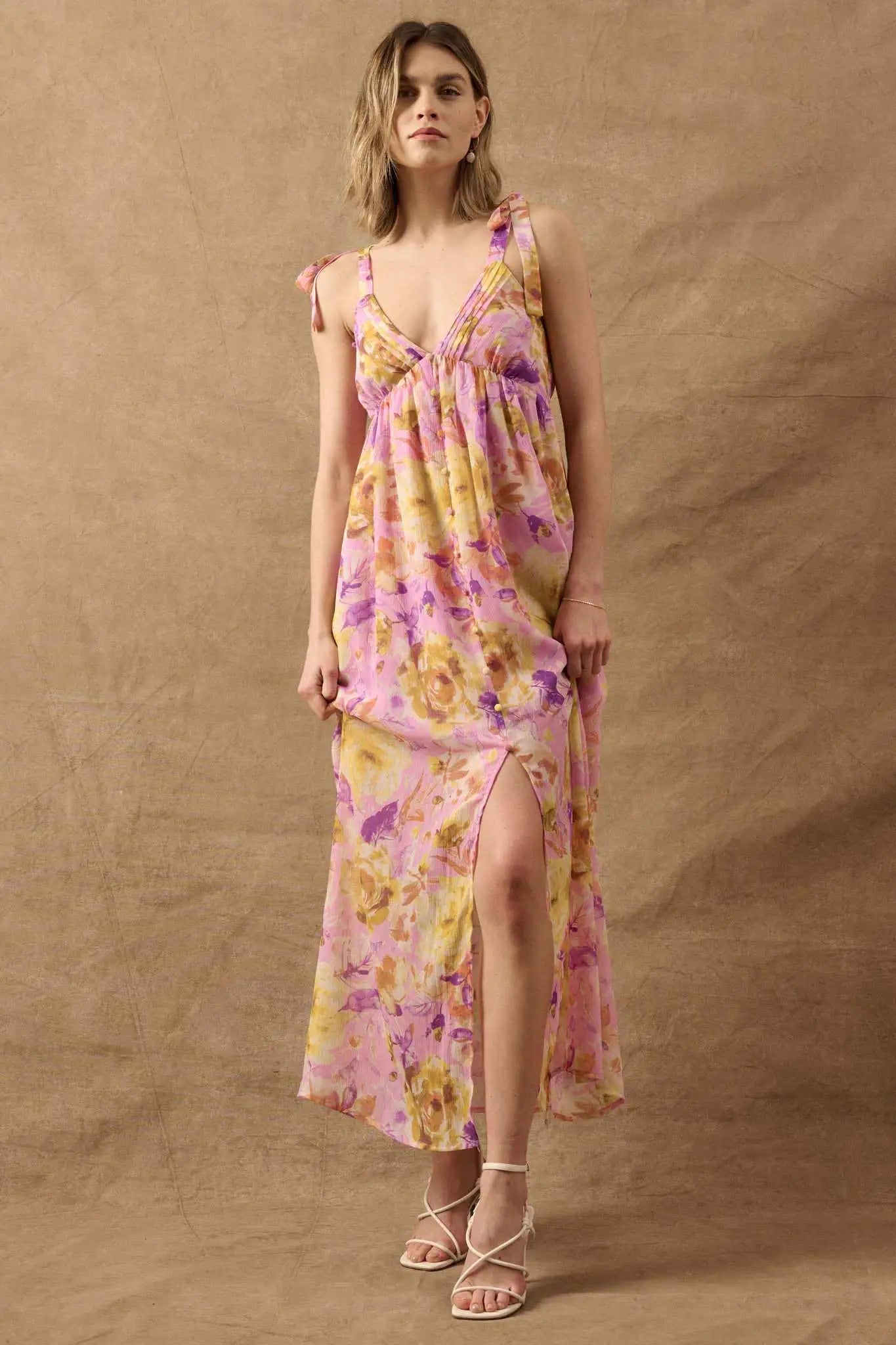 Lilac Wine Floral Chiffon Button-Front Maxi Sundress, Lavender / S
