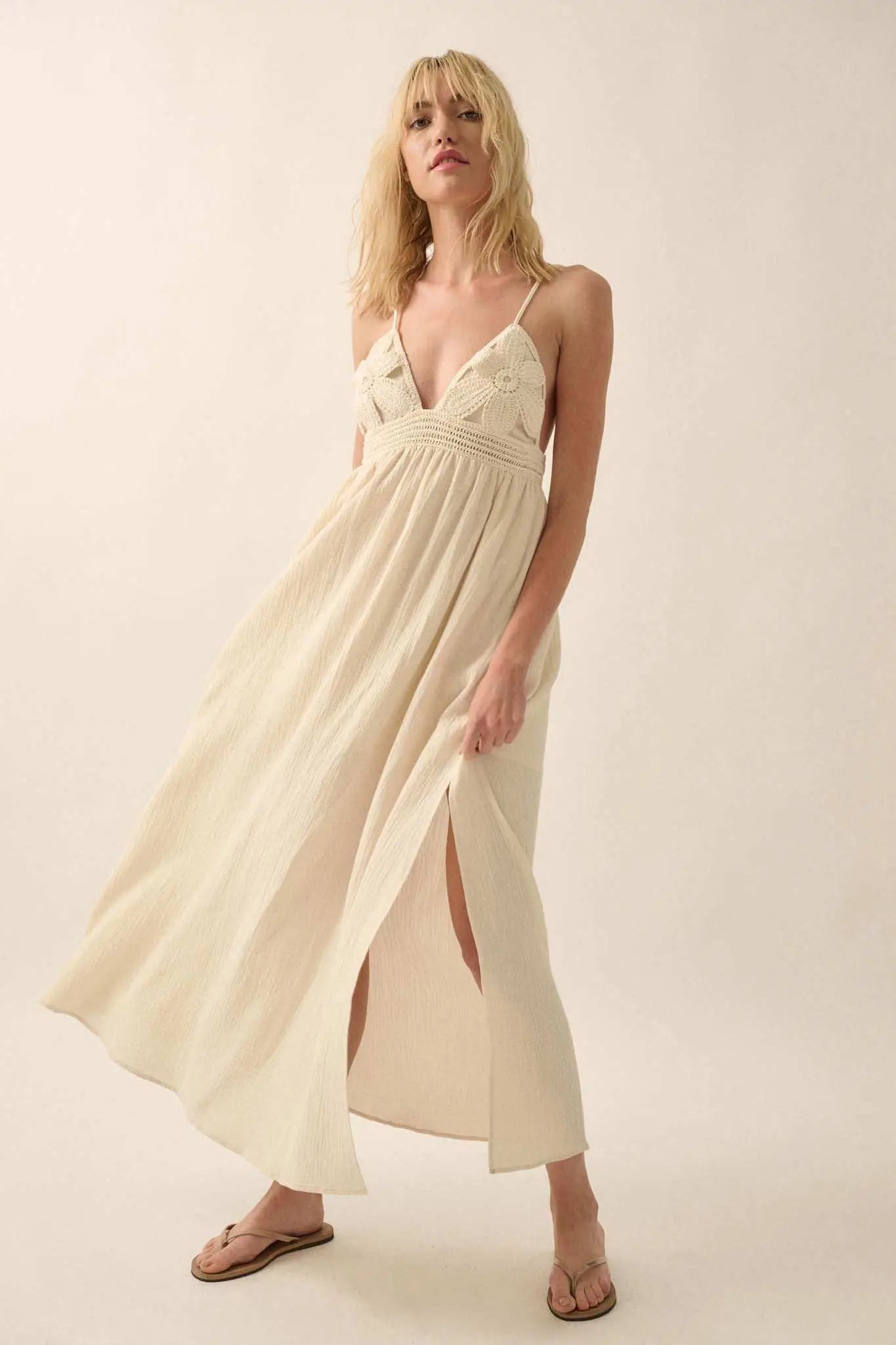 Saving Lace Crochet-Trim Crinkle Cotton Maxi Dress Saving Lace Crochet-Trim Crinkle Cotton Maxi Dress