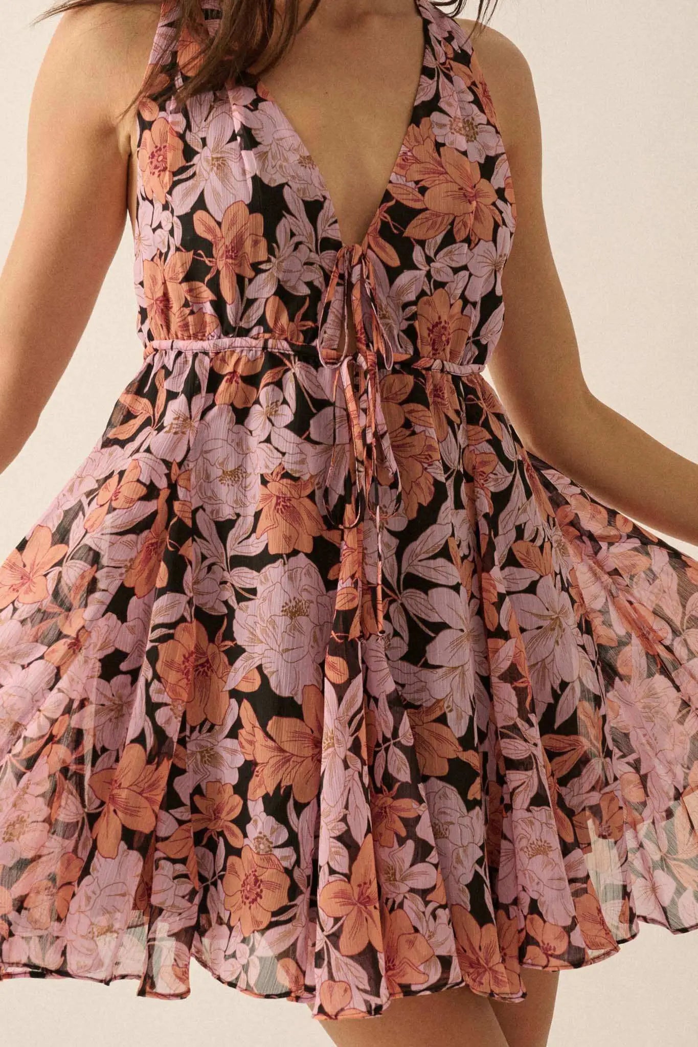 Bali Beauty Floral Chiffon Plunge-front Mini Dress Soft Pink & Apricot / M Bali Beauty Floral Chiffon Plunge-front Mini Dress Soft Pink & Apricot / M