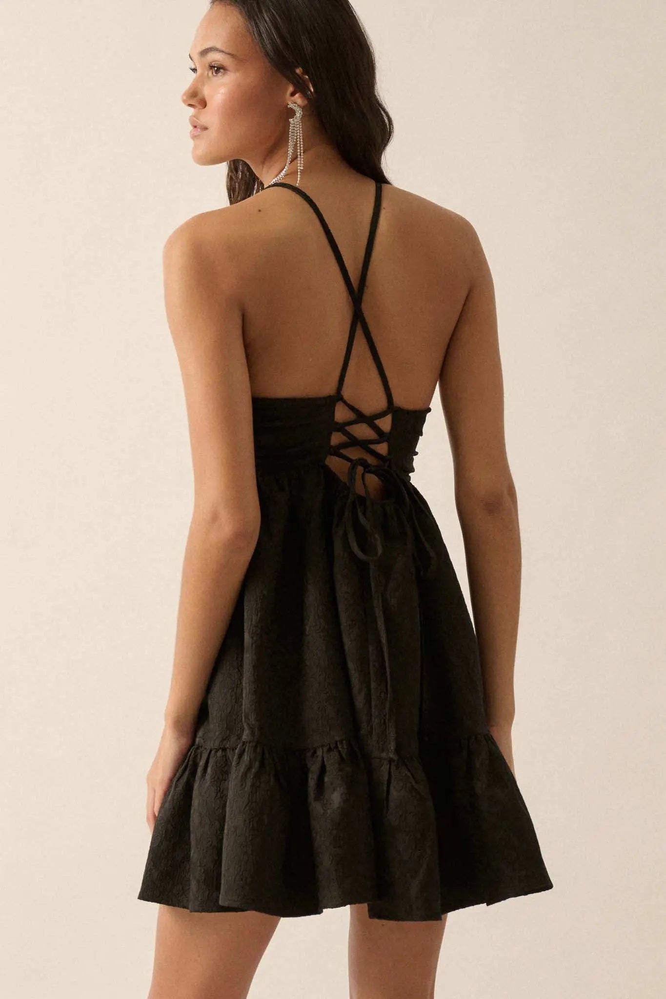 Soft Radiance Textured Floral Babydoll Mini Dress, Black / S Soft Radiance Textured Floral Babydoll Mini Dress, Black / S
