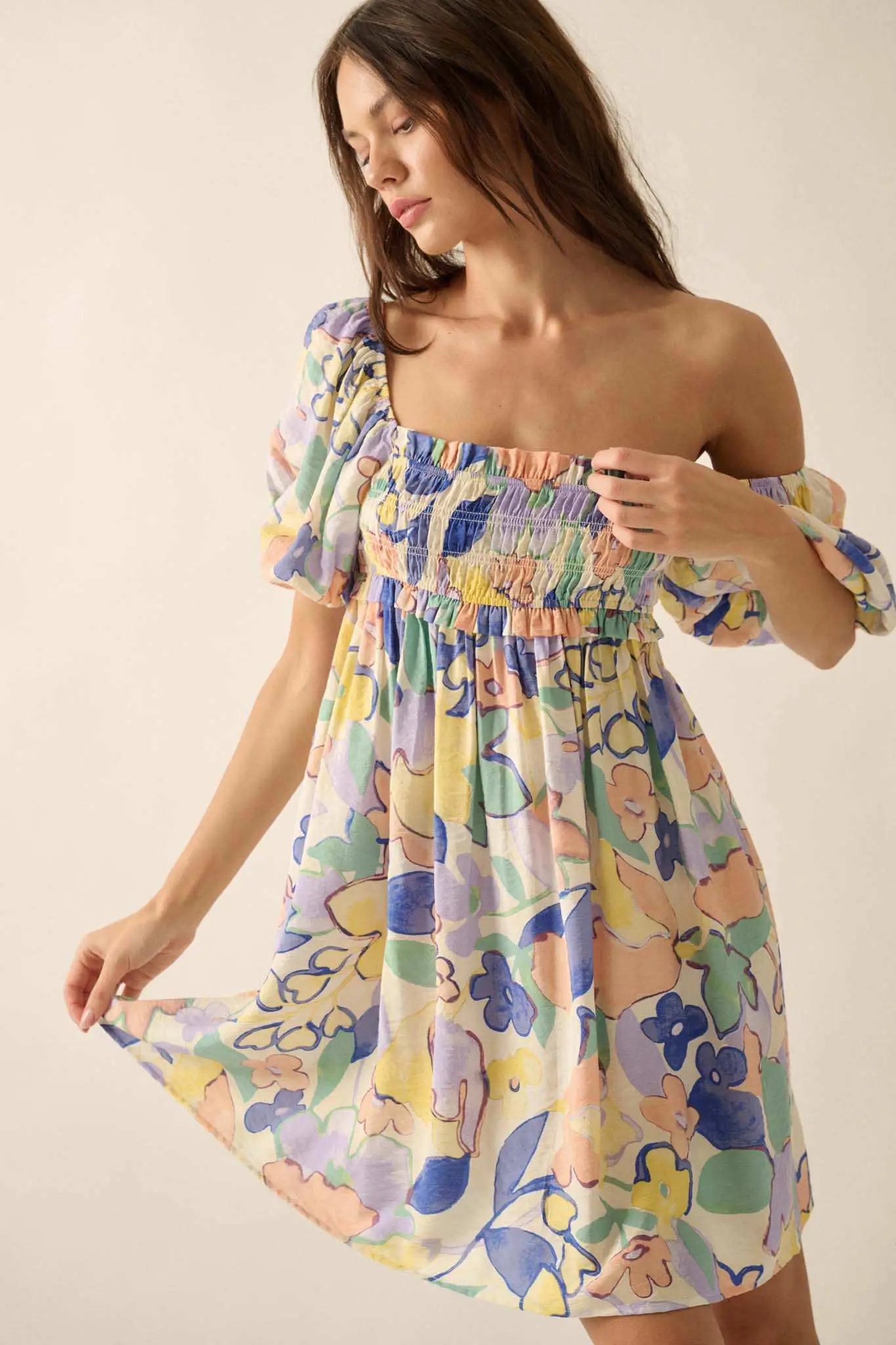 Morning Mist Floral Puff-Sleeve Babydoll Mini Dress Cream & Violet Blue / L Morning Mist Floral Puff-Sleeve Babydoll Mini Dress Cream & Violet Blue / L