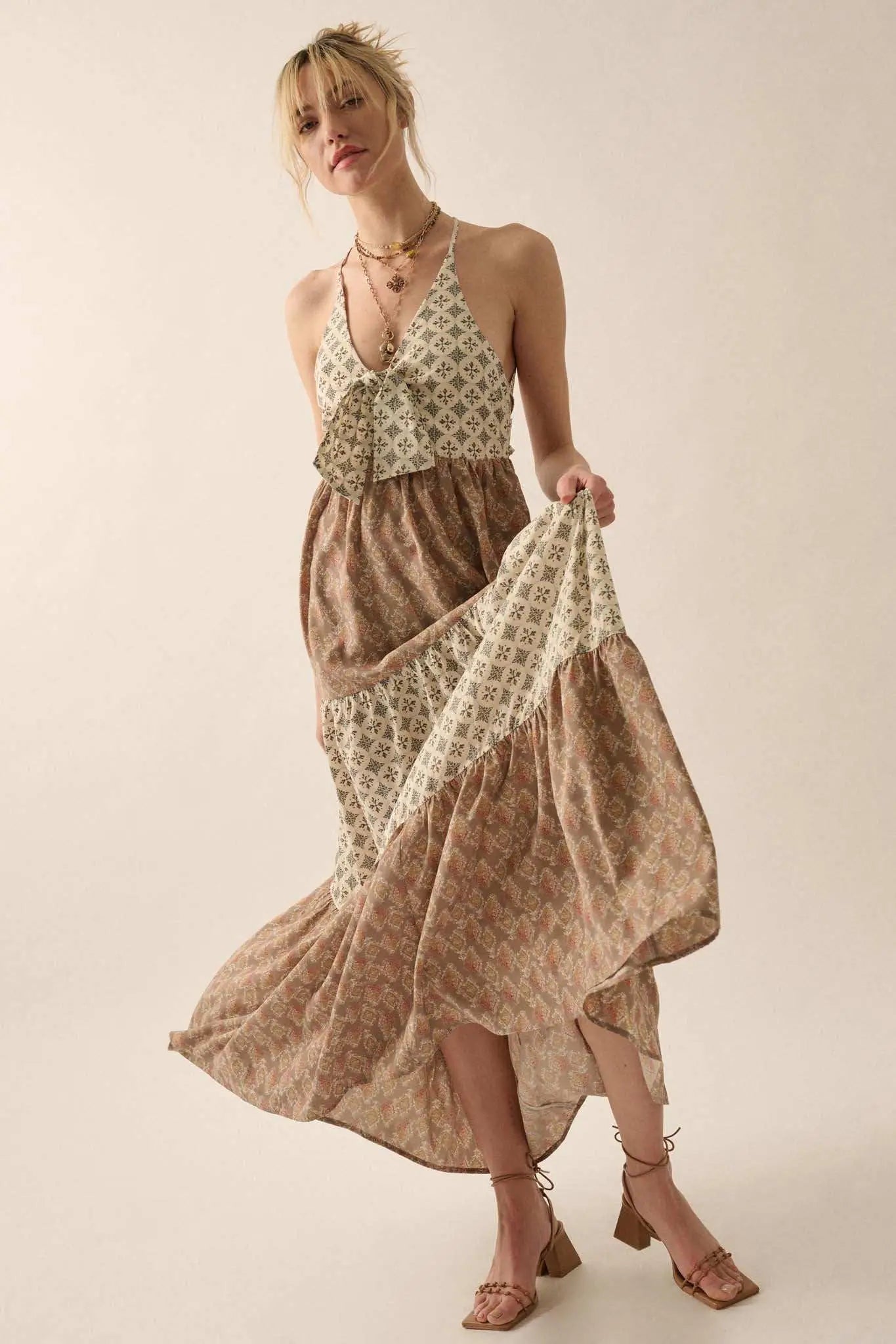 Unique Soul Block-Print Tiered Halter Maxi Dress Cream & Taupe / M Unique Soul Block-Print Tiered Halter Maxi Dress Cream & Taupe / M