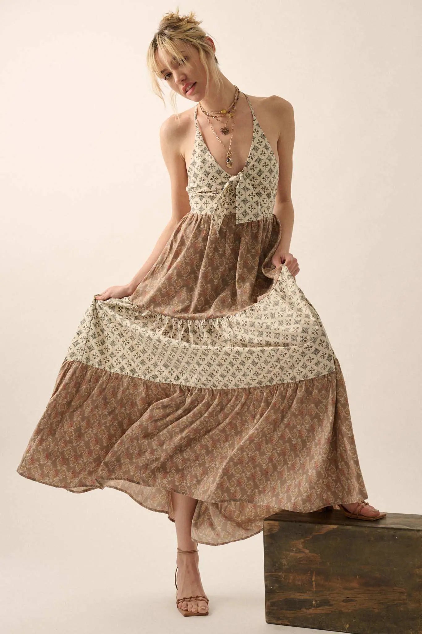 Unique Soul Block-Print Tiered Halter Maxi Dress Unique Soul Block-Print Tiered Halter Maxi Dress
