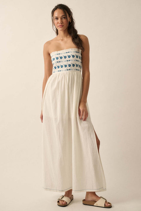 Summer Sun Floral Embroidered Strapless Maxi Dress - ShopPromesa