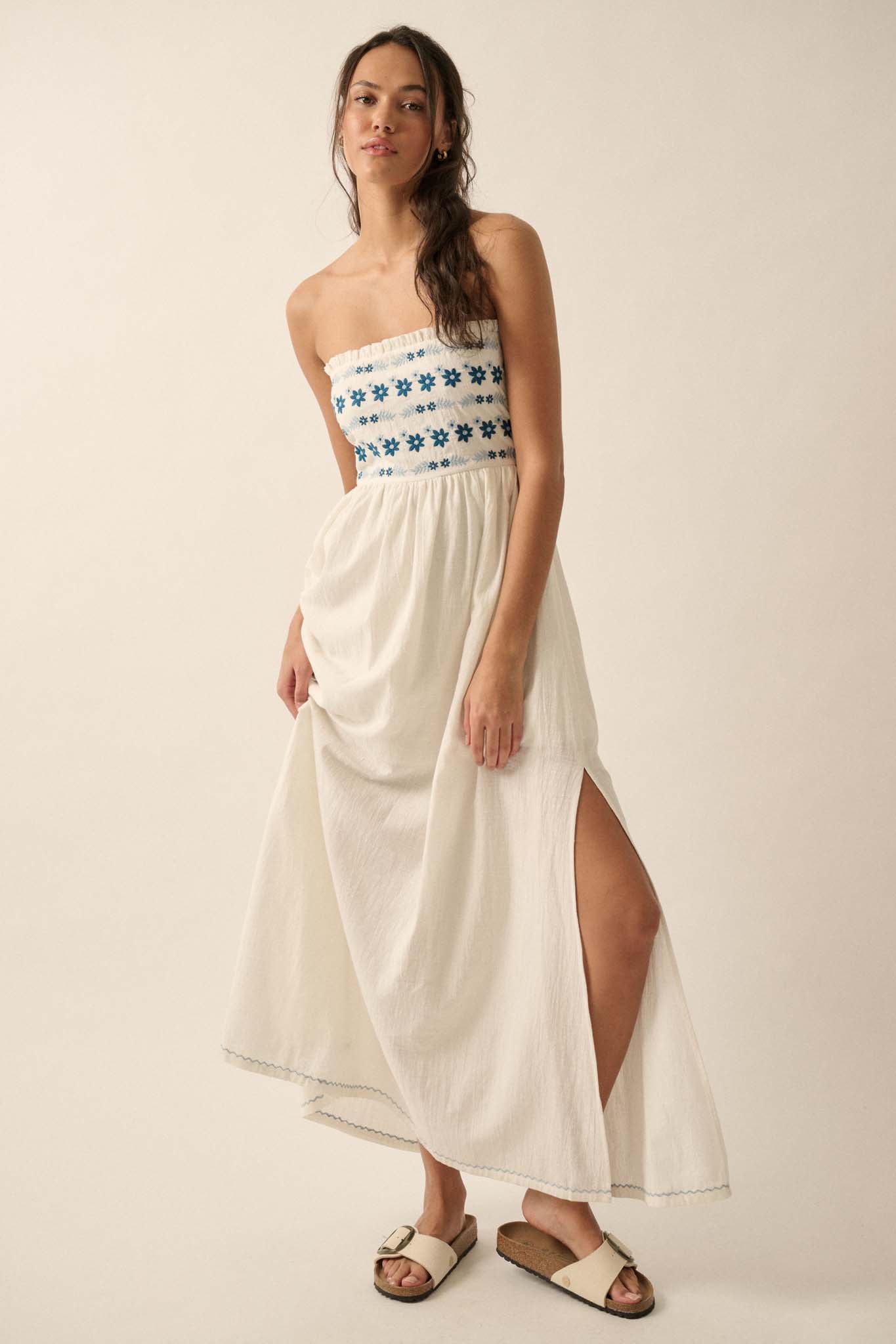 Summer Sun Floral Embroidered Strapless Maxi Dress - ShopPromesa