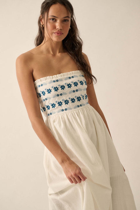 Summer Sun Floral Embroidered Strapless Maxi Dress - ShopPromesa