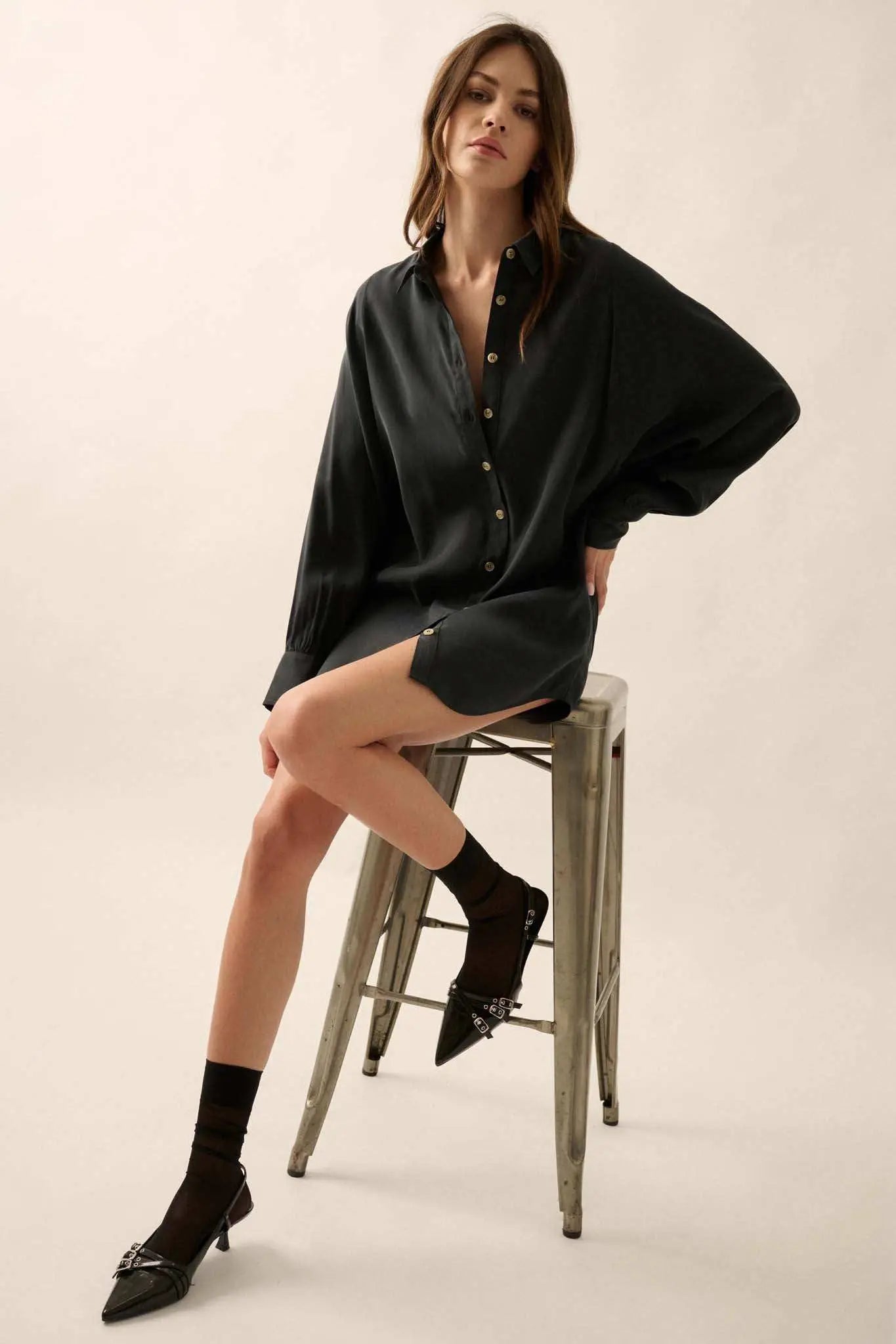 Work in Progress Dolman-Sleeve Mini Shirt Dress Espresso / L Work in Progress Dolman-Sleeve Mini Shirt Dress Espresso / L