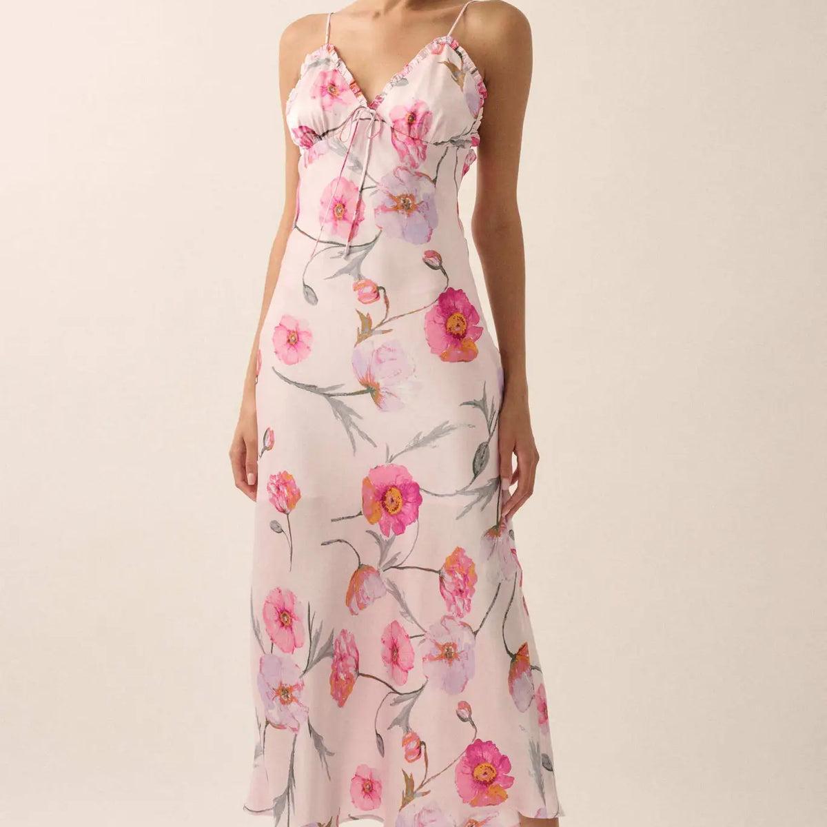 Spring Dream Floral Satin Maxi Slip Dress Soft Pink / S