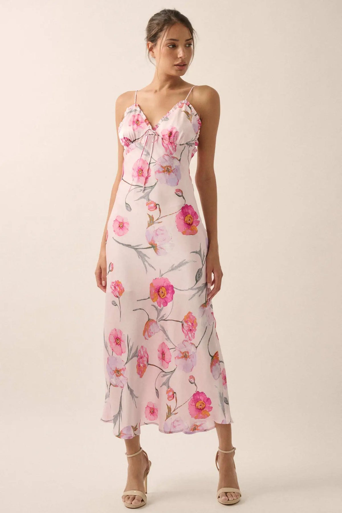 Spring Dream Floral Satin Maxi Slip Dress
