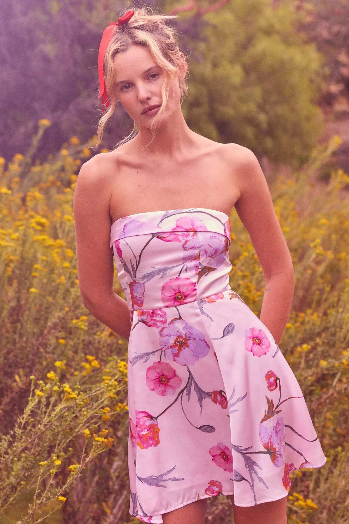 Spring Fever Floral Satin Strapless Mini Dress