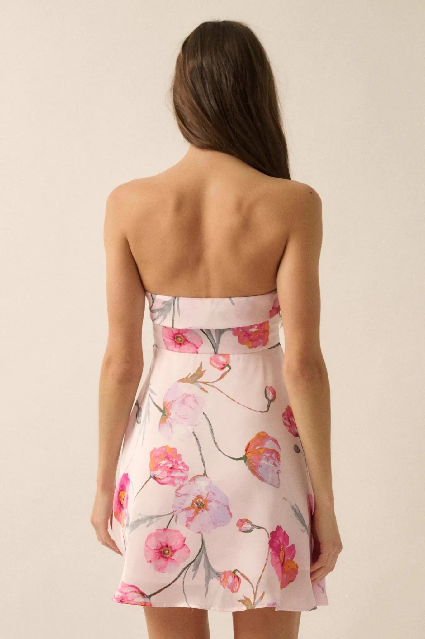 Spring Fever Floral Satin Strapless Mini Dress Soft Pink / M
