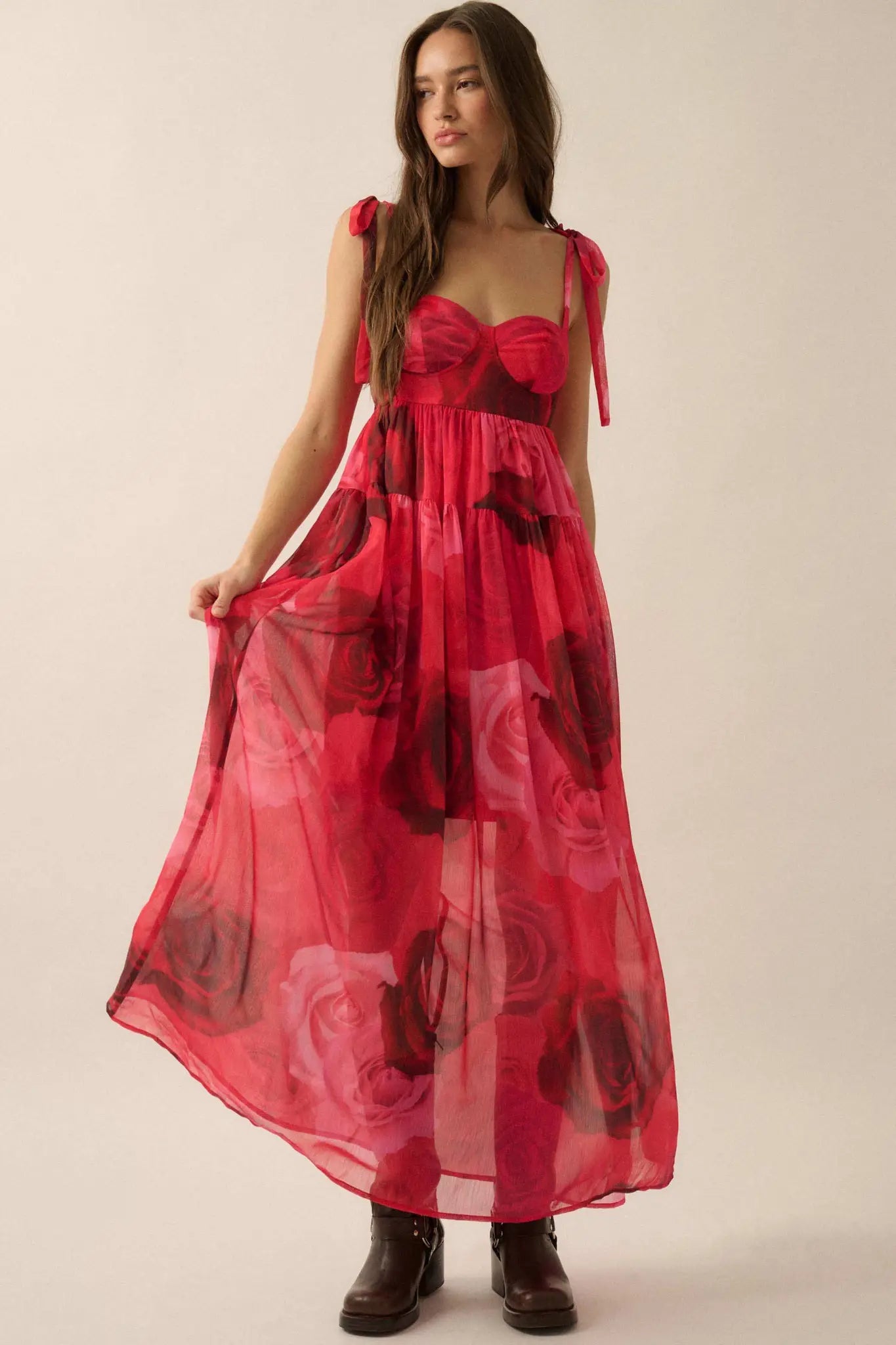 Coming Up Roses Floral Chiffon Tiered Maxi Dress