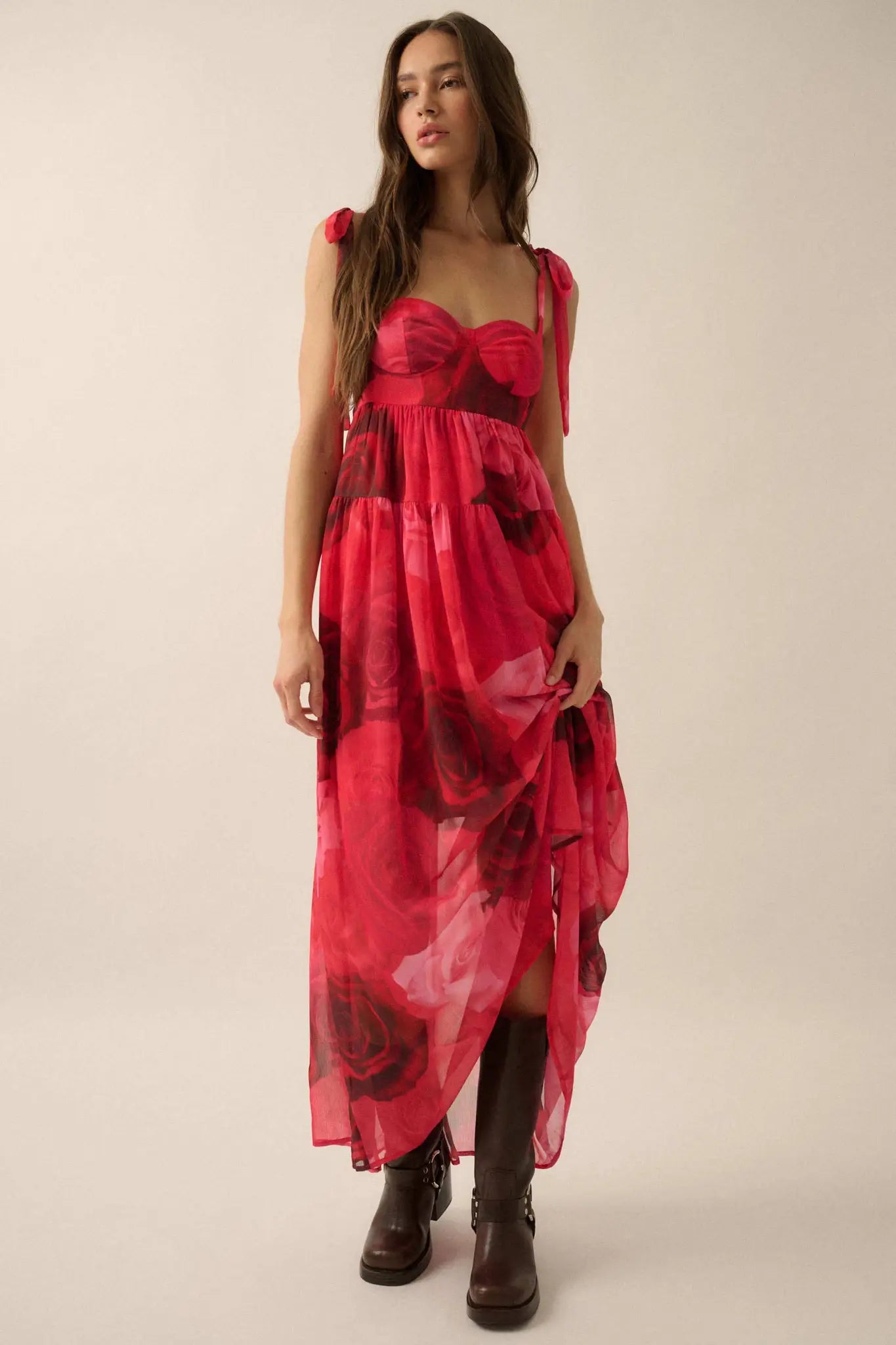 Coming Up Roses Floral Chiffon Tiered Maxi Dress - ShopPromesa