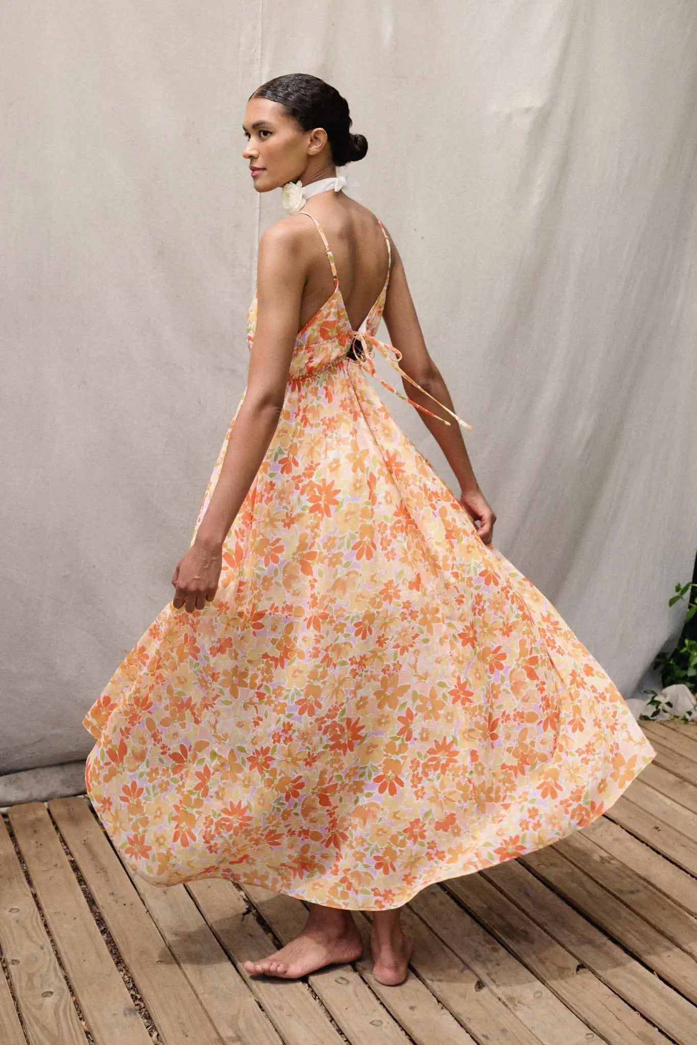 Marmalade Garden Floral Chiffon High-Low Maxi Dress Sunbaked / S Marmalade Garden Floral Chiffon High-Low Maxi Dress Sunbaked / S