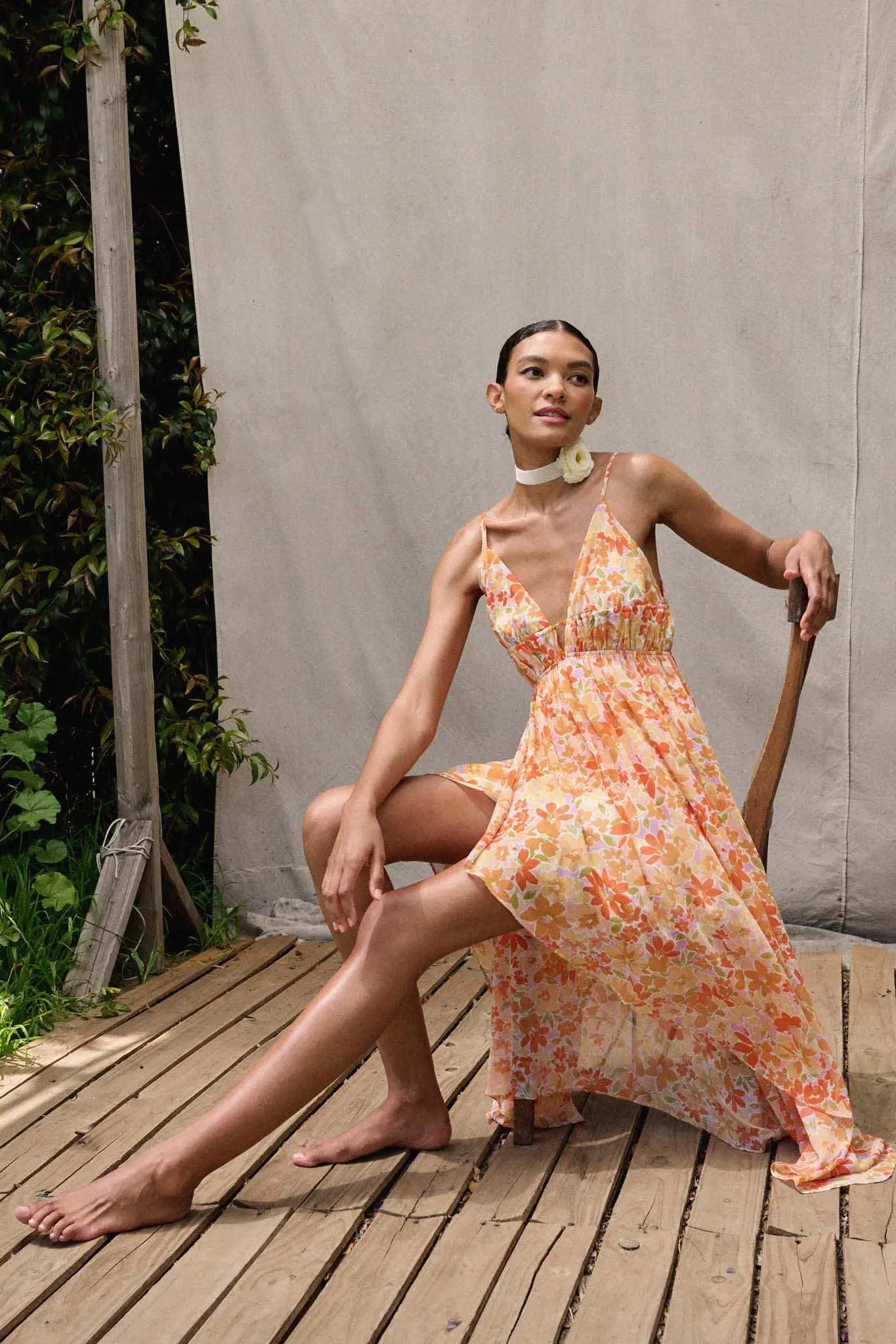 Marmalade Garden Floral Chiffon High-Low Maxi Dress, Sunbaked / S
