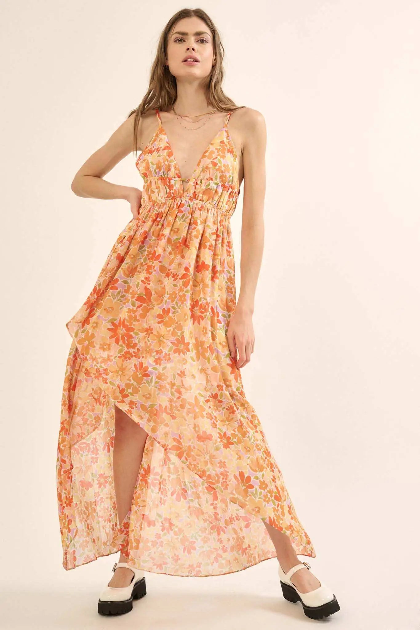 floral chiffon high low dress Pink Floral Soft Ruched Short Sleeves High Low Chiffon Bridesmaid Dresses