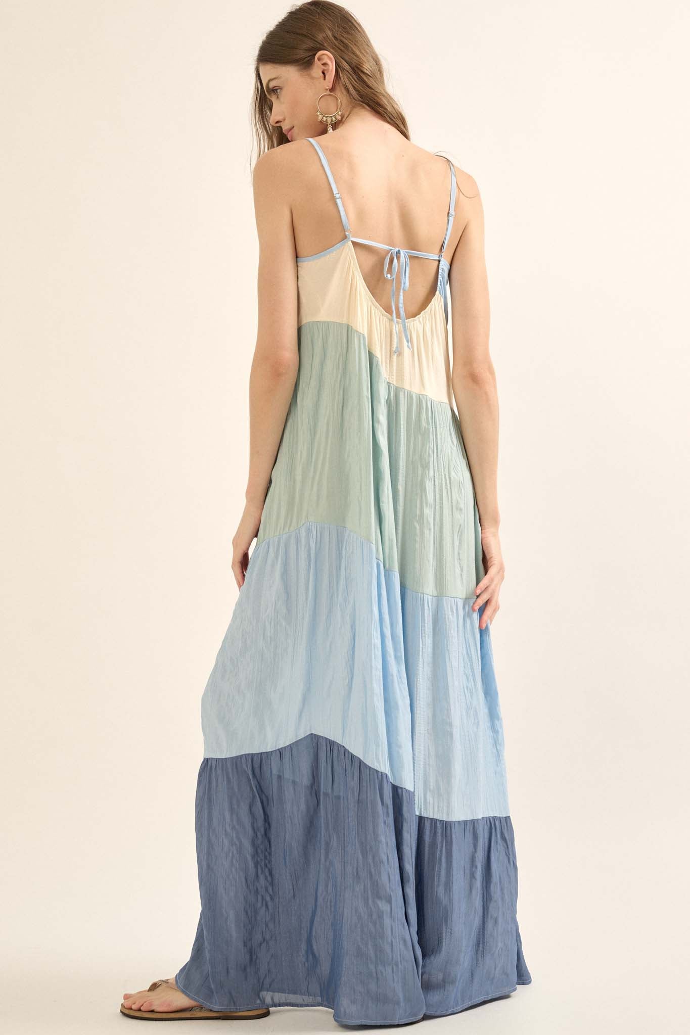 Buena Vista Colorblock Satin Tiered Maxi Dress - ShopPromesa