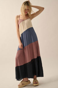 Buena Vista Colorblock Satin Tiered Maxi Dress - ShopPromesa