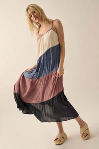 Buena Vista Colorblock Satin Tiered Maxi Dress - ShopPromesa