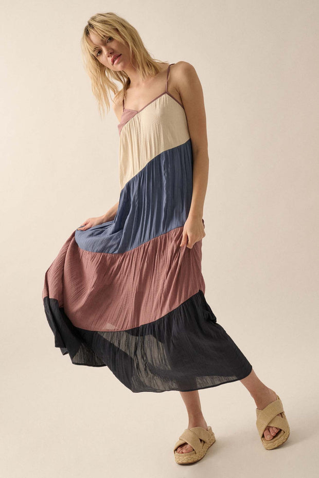 Buena Vista Colorblock Satin Tiered Maxi Dress - ShopPromesa