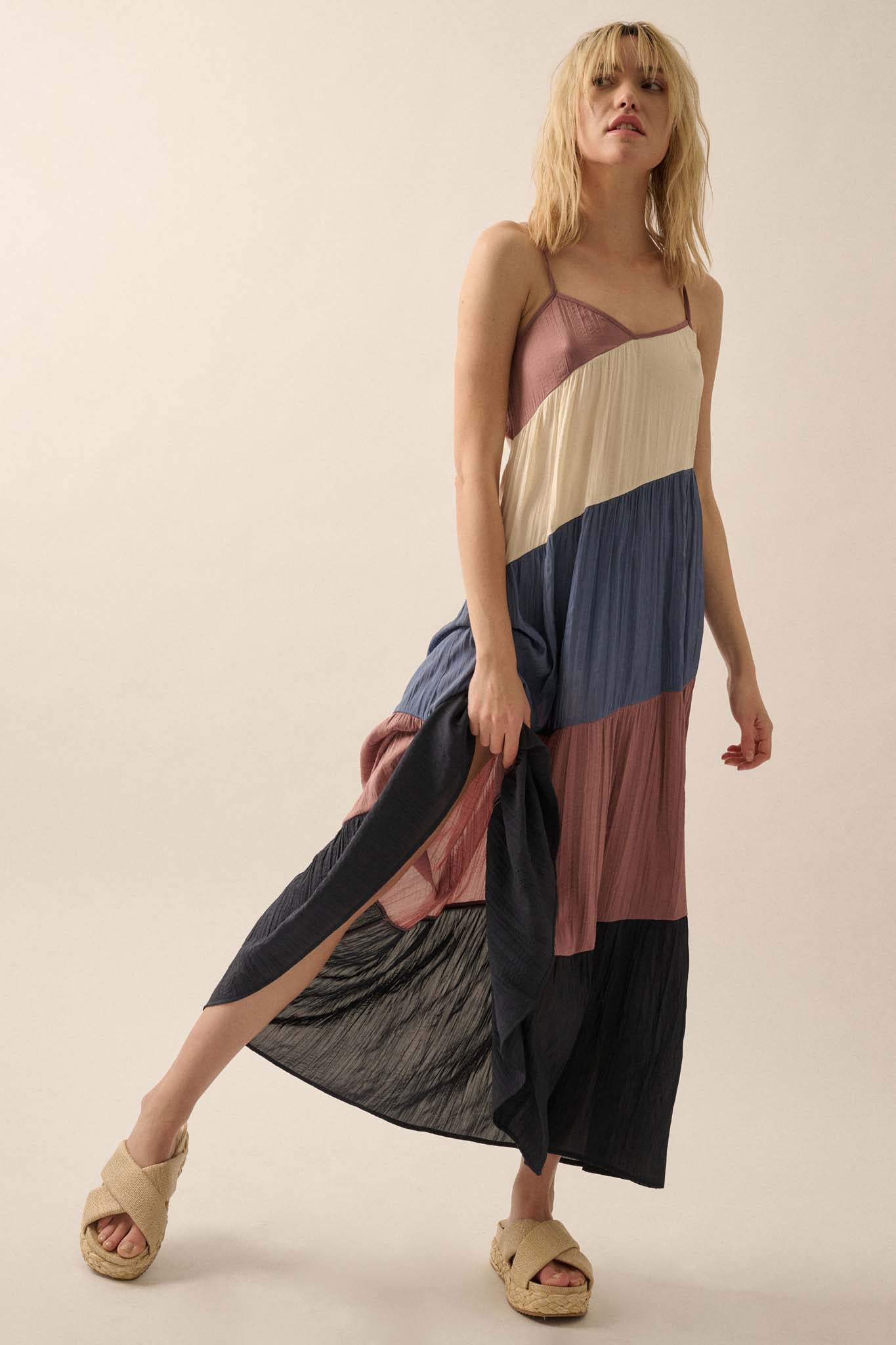 Buena Vista Colorblock Satin Tiered Maxi Dress - ShopPromesa