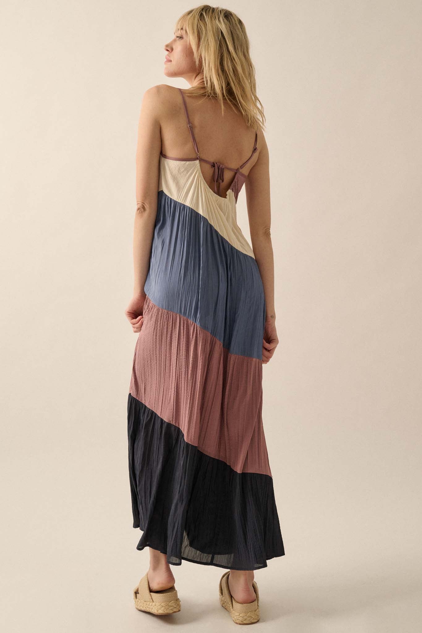 Buena Vista Colorblock Satin Tiered Maxi Dress - ShopPromesa