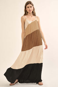 Buena Vista Colorblock Satin Tiered Maxi Dress - ShopPromesa