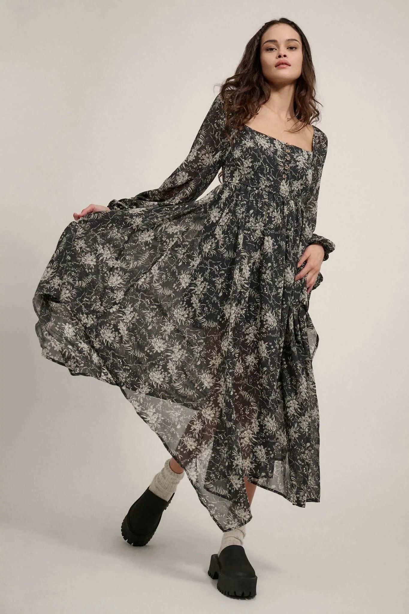 High Spirits Floral Chiffon Handkerchief Maxi Dress Charcoal & Cream / S High Spirits Floral Chiffon Handkerchief Maxi Dress Charcoal & Cream / S