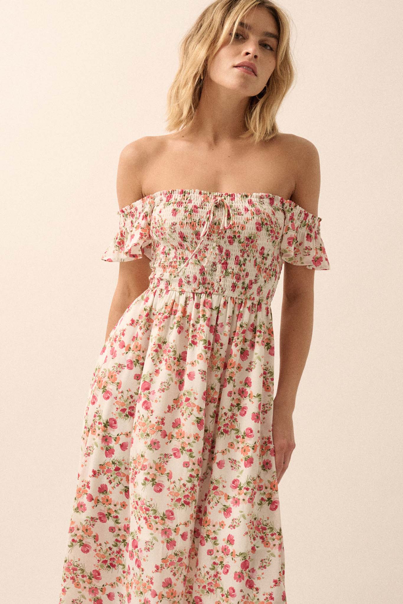 Budding Love Smocked Floral Off-Shoulder Maxi Dress - ShopPromesa