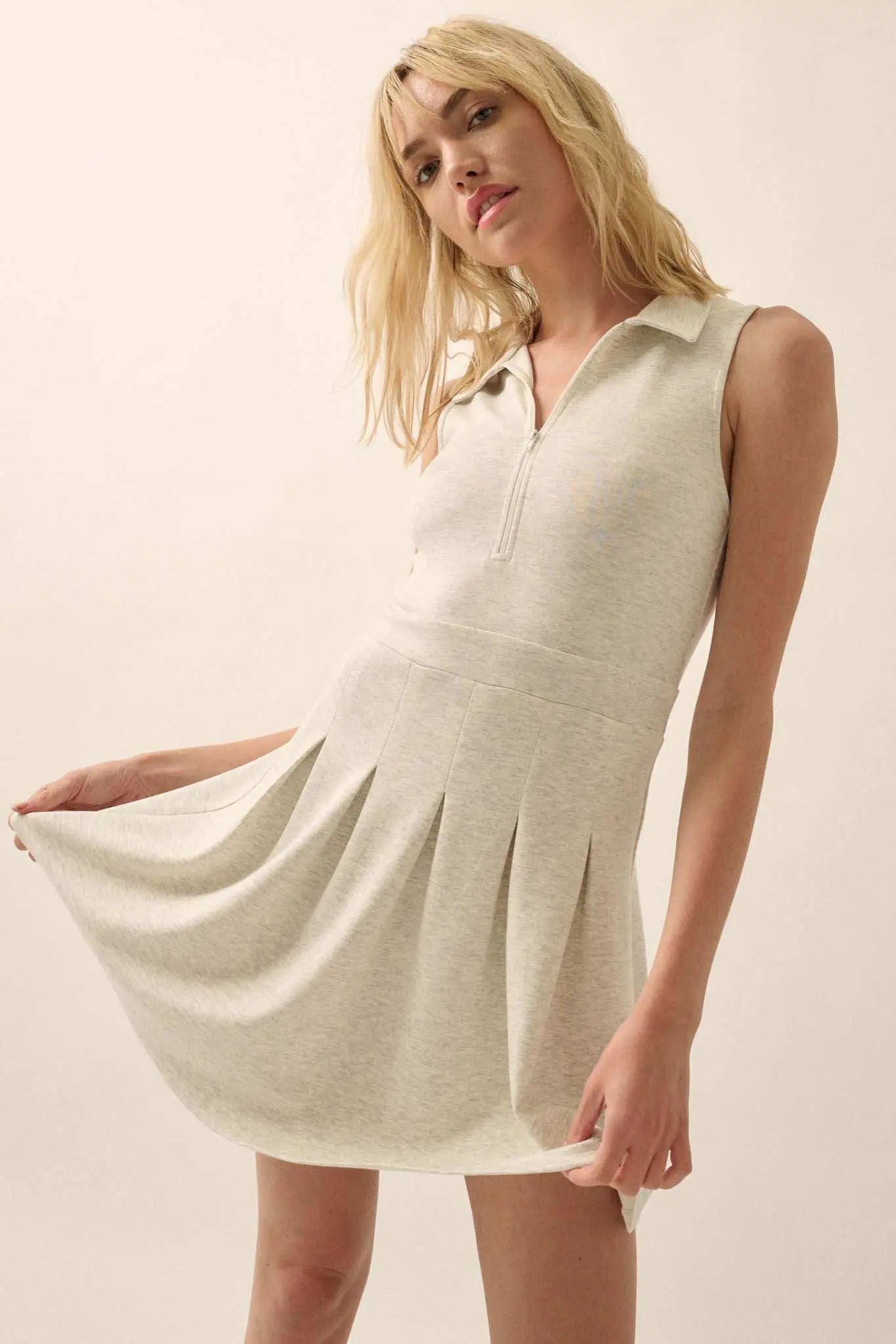 Premium Scuba Half-Zip Pleated Mini Tennis Dress, Heather Grey / S Premium Scuba Half-Zip Pleated Mini Tennis Dress, Heather Grey / S