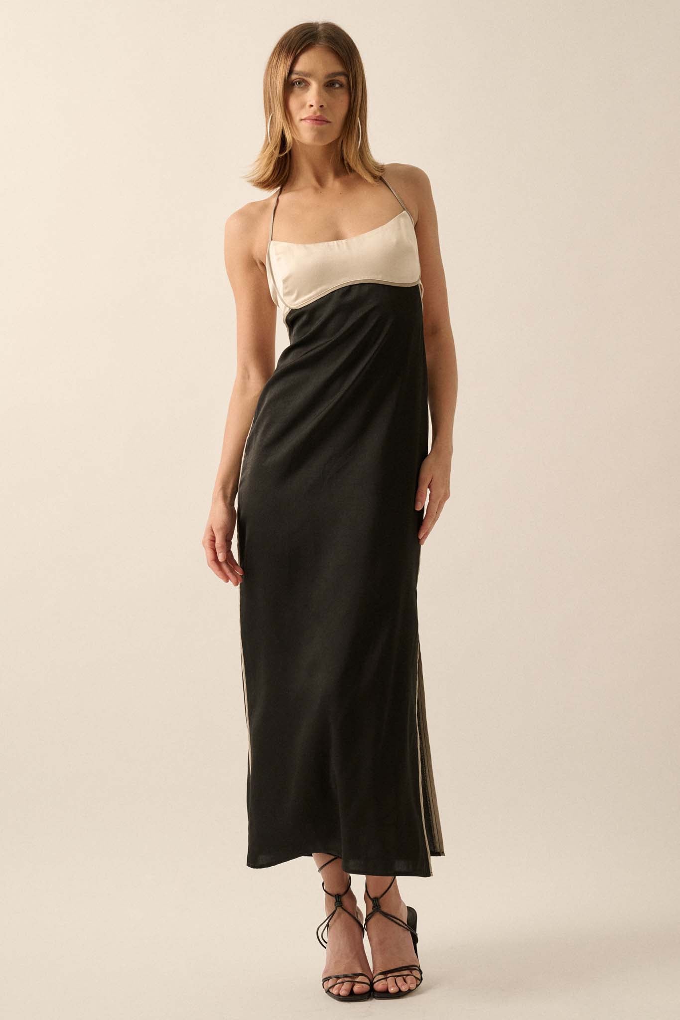 Simply Luxe Satin Piping-Trim Halter Maxi Dress - ShopPromesa